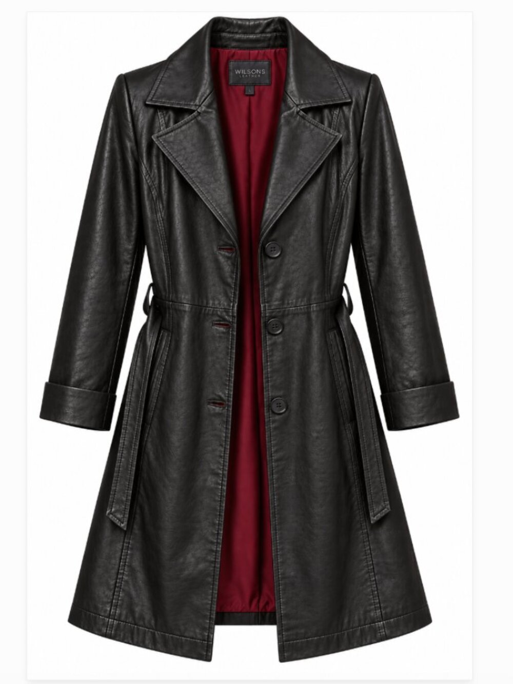 Wilsons Leather Black Genuine Leather Trench Coat with Burgundy Lining Belt L